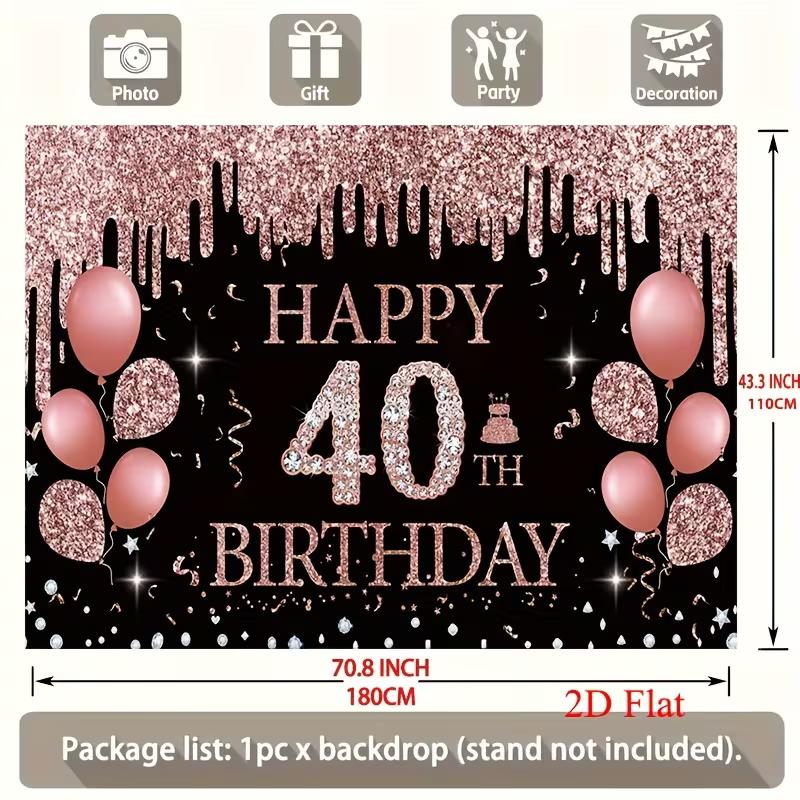 2D 40th Birthday Themed Photo Booth Backdrop with Rose Gold Balloons