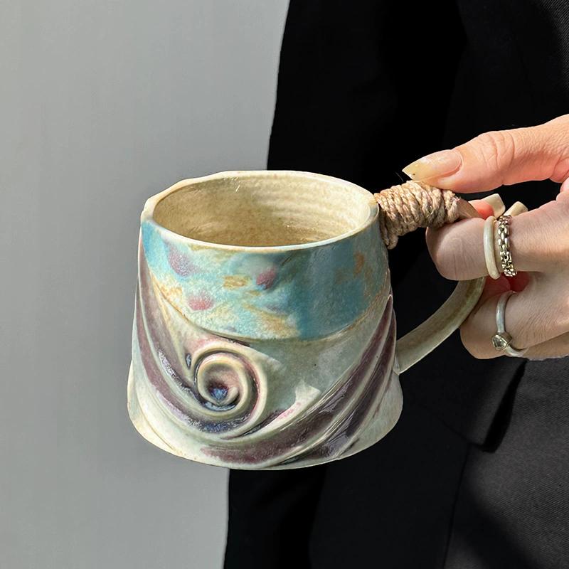 Coarse Ceramic Coffee Mugs, 320ml, Large Capacity, Wide Bottom, Transmutation Glaze Craft, Handmade Pottery Mug, Tea Cups with Hemp Rope Handle