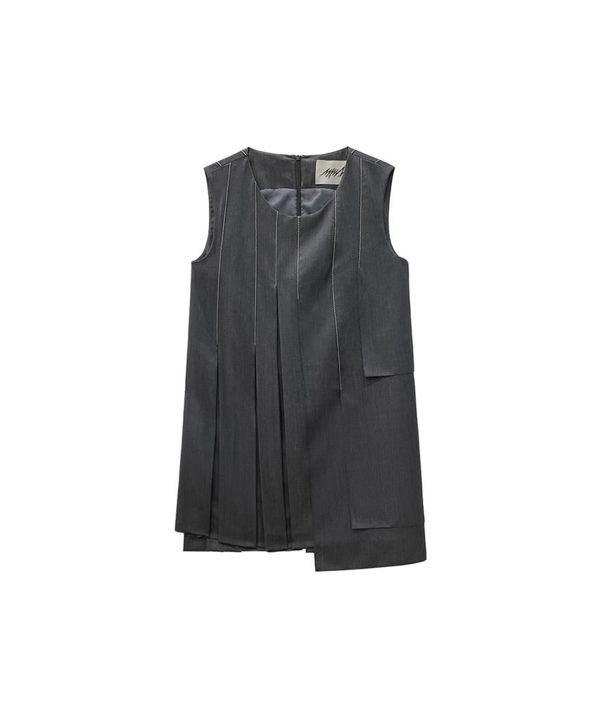 Meuameu Pleated Unbalance Stitch Sleeveless Dress