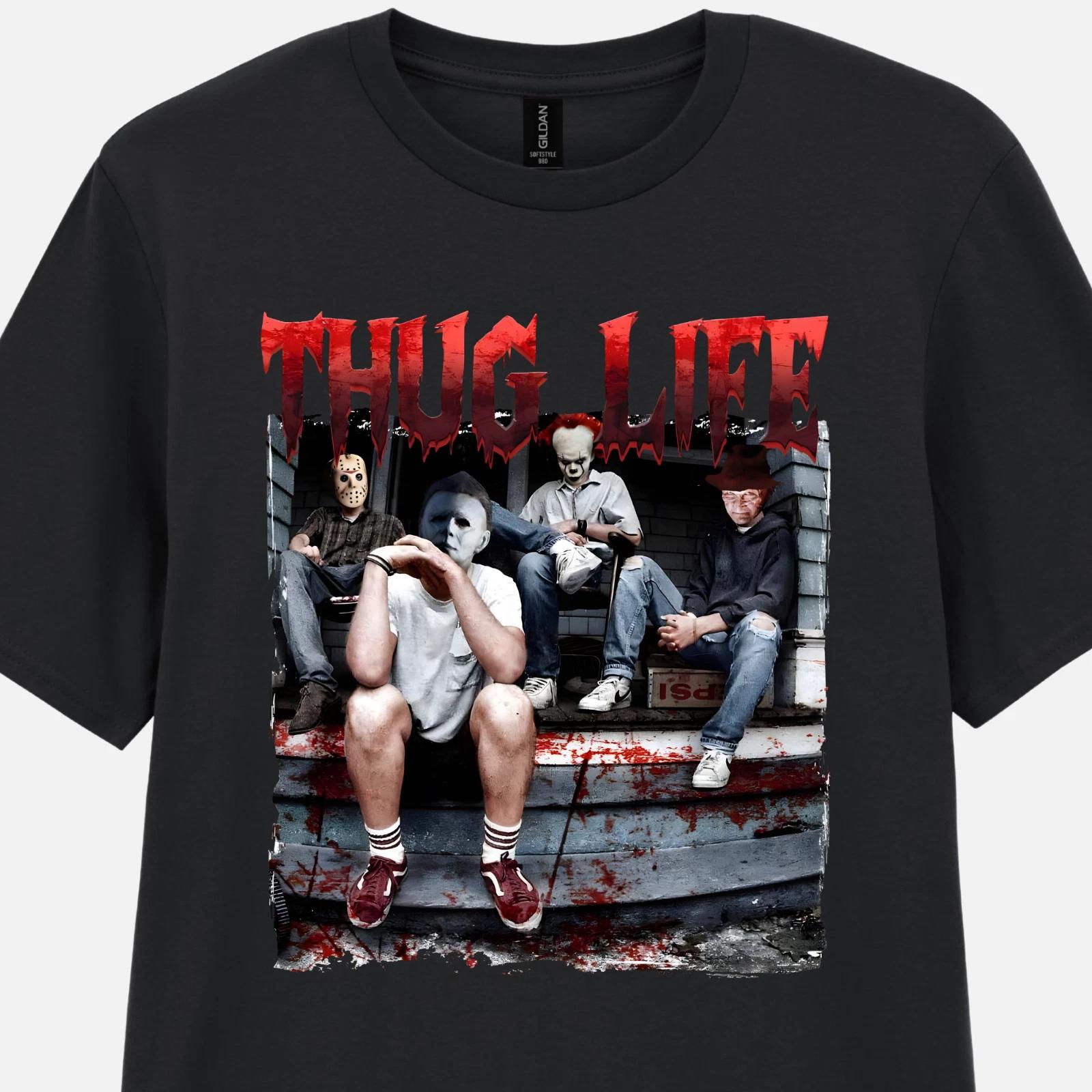 Horror Movie Printed T-Shirt Thug Life Freddy Jason IT Michael Tee Black S-2XL 2XL