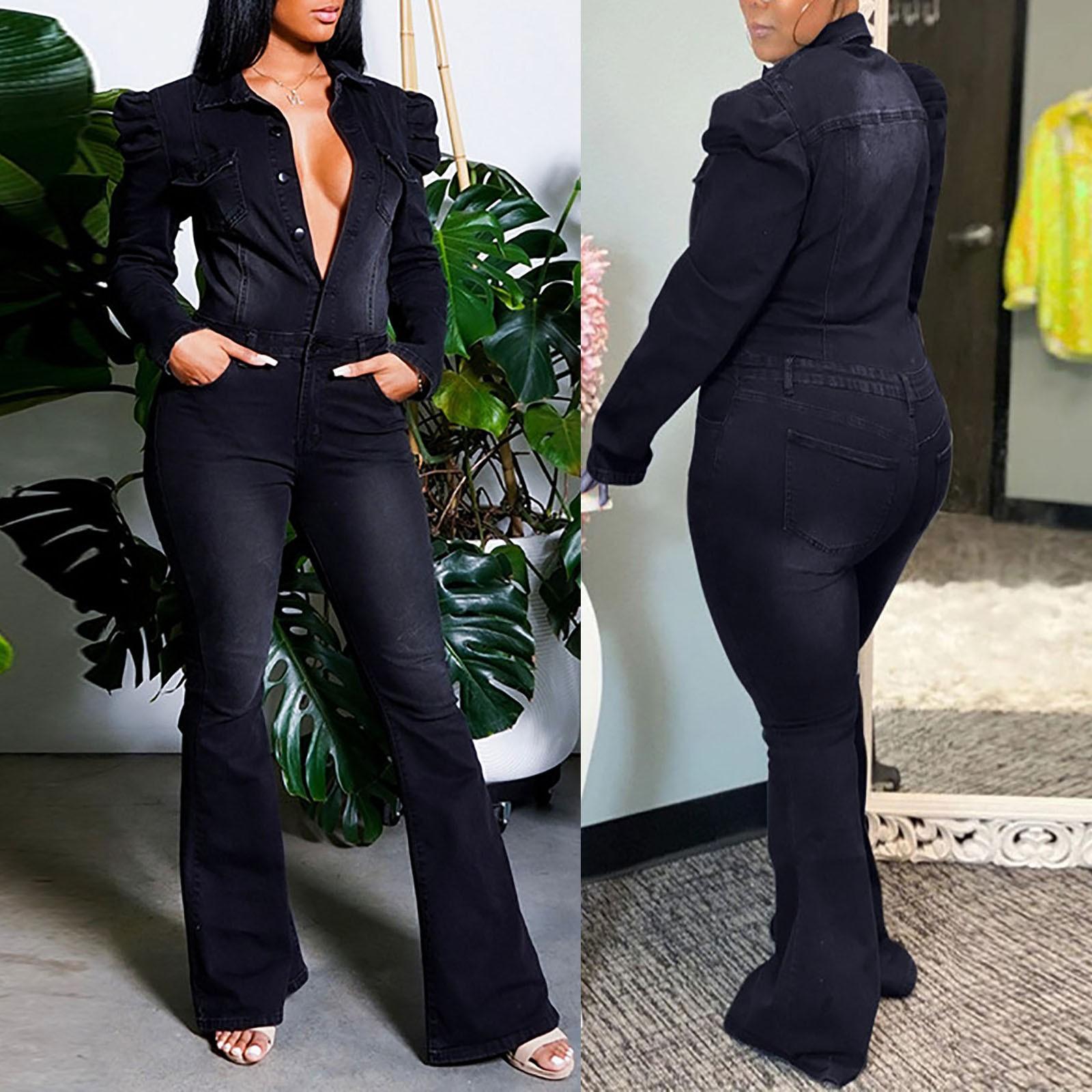 Women s Fashion Jeans Pockets Casual Slim Jumpsuit Flared Trousers Plus Size S чёрный