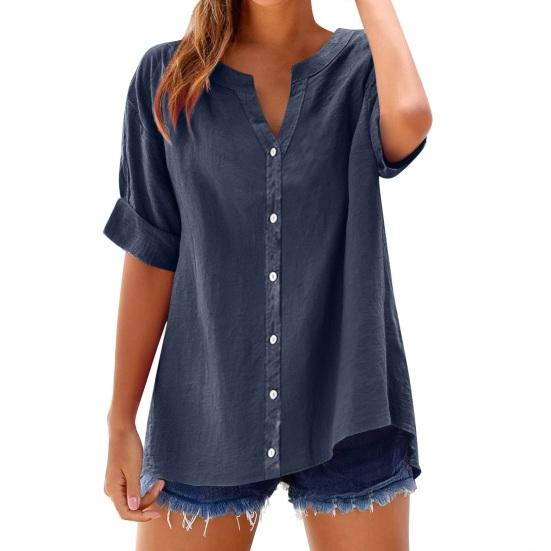Women Shirt V-Neck Half Sleeve Buttons Placket Shirt Solid Color Loose Fit Summer Casual