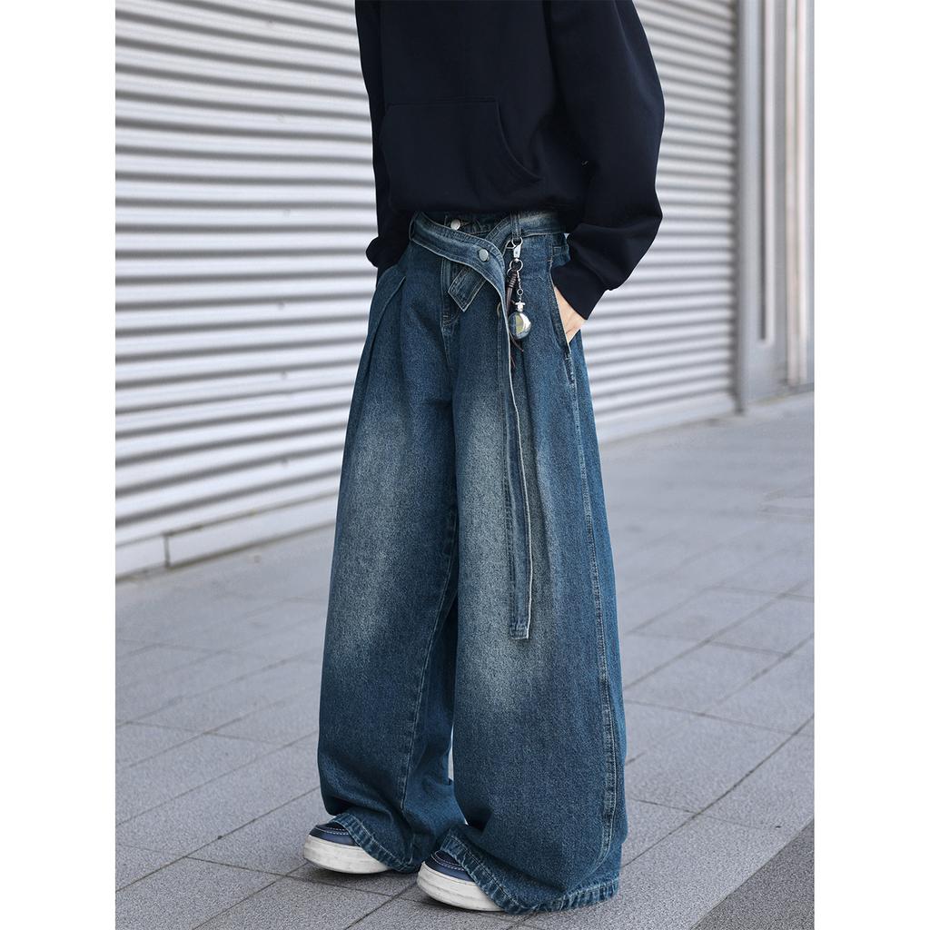 Design Belt Jeans Men's Autumn and Winter Loose Straight Retro Blue Pants American High Street Wide-leg Pants Classic Men's Casual Jeans