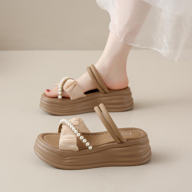 

Босоножки, увеличивающие рост, с толстым дном, украшенные жемчугом - модный и универсальный женский износостойкий нескользящий удобный стиль 40 хаки