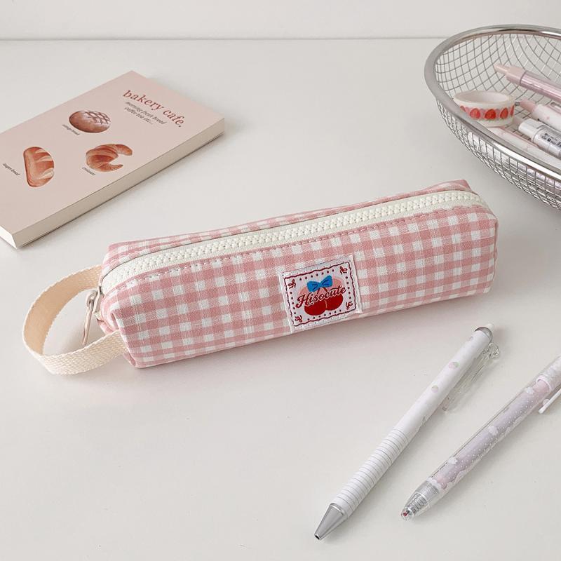 Cute Plaid Large Capacity Pencil Case Pen Bag Kawaii Stationery Storage Bag Suitable For Back-To-School Season Girls
