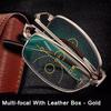Portable Multifocal Reading Glasses Vintage Anti-blue Light Bifocal Eyewear for Men Women Far Near Sight with Leather Box