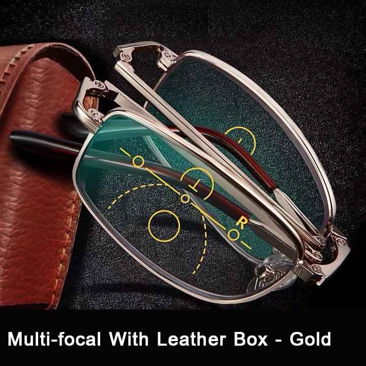 Portable Multifocal Reading Glasses Vintage Anti-blue Light Bifocal Eyewear for Men Women Far Near Sight with Leather Box