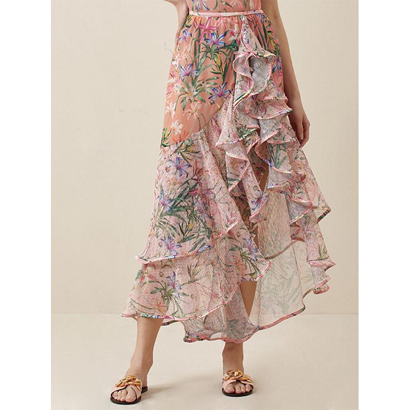 

Юбка миди в европейском и американском стиле с цветочным принтом - Многослойная праздничная пляжная одежда Large розовый