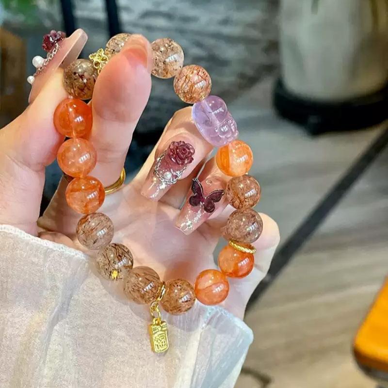 Red Resin Flower Design Crystal Bracelet, Fortune-Bringing Pixiu Silver Obsidian Black Gold Super Seven Bracelet for Women, Natural and Authentic