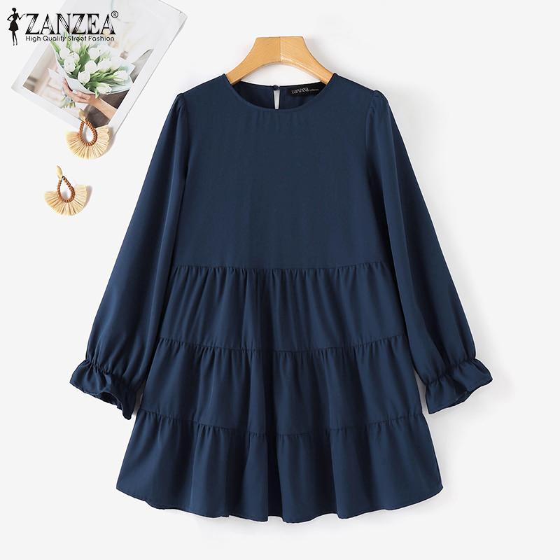 ZANZEA Women Casual O-neck Solid Color Loose Long Sleeve Blouse