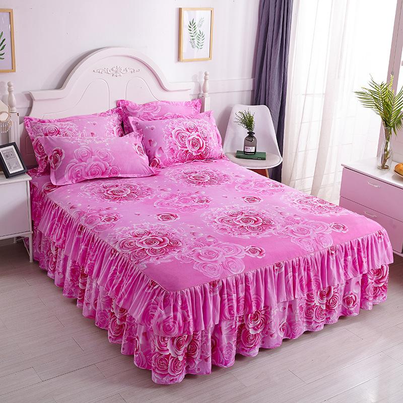 3pcs Modern Korean Floral Bed Skirt Set with Lotus Leaf Embellishments and Princess Floral Pattern, All-Season Brushed Light Beige-Friendly Bedding