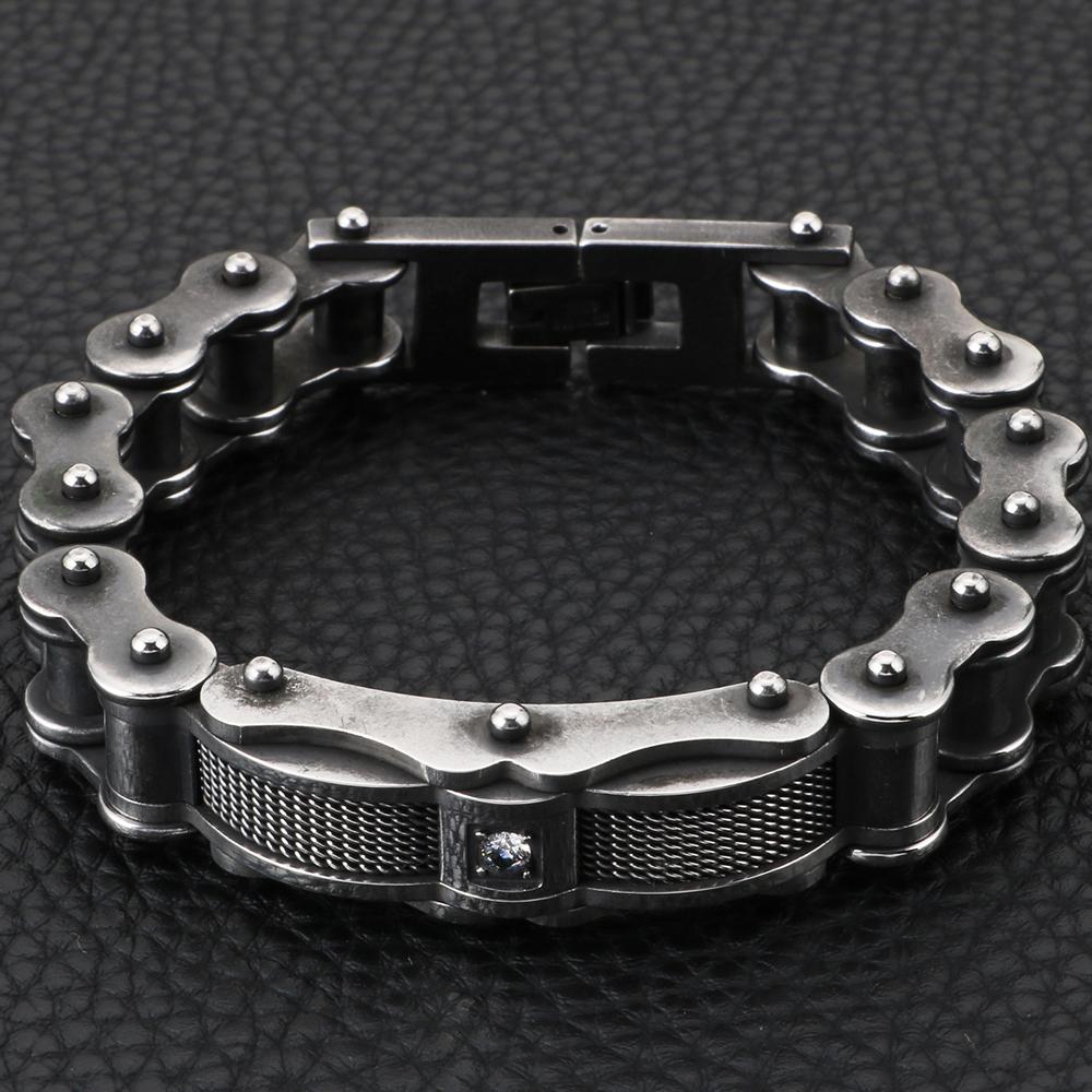 Biker Jewelry Worn Look Bicycle Chain Men's Bracelets Vintage Black Stainless Steel Motorcycle Bicycle Wear CZ Bracelet For Men