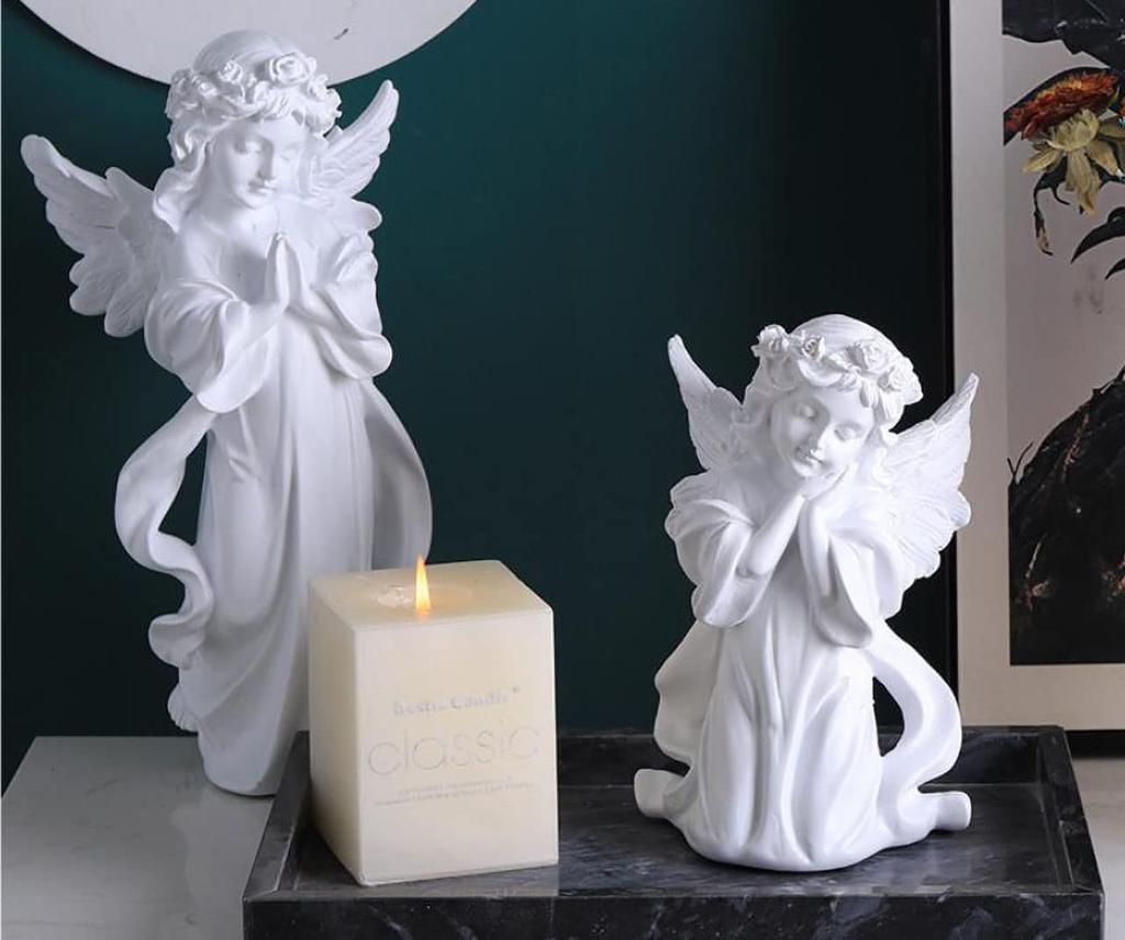 [bellarino] Angel Figurine, Ornament, Praying Angel, Interior Decor, Peace, Praying Angel Statue, Gardening, Craft, Gift, Present, Resin, White (C)
