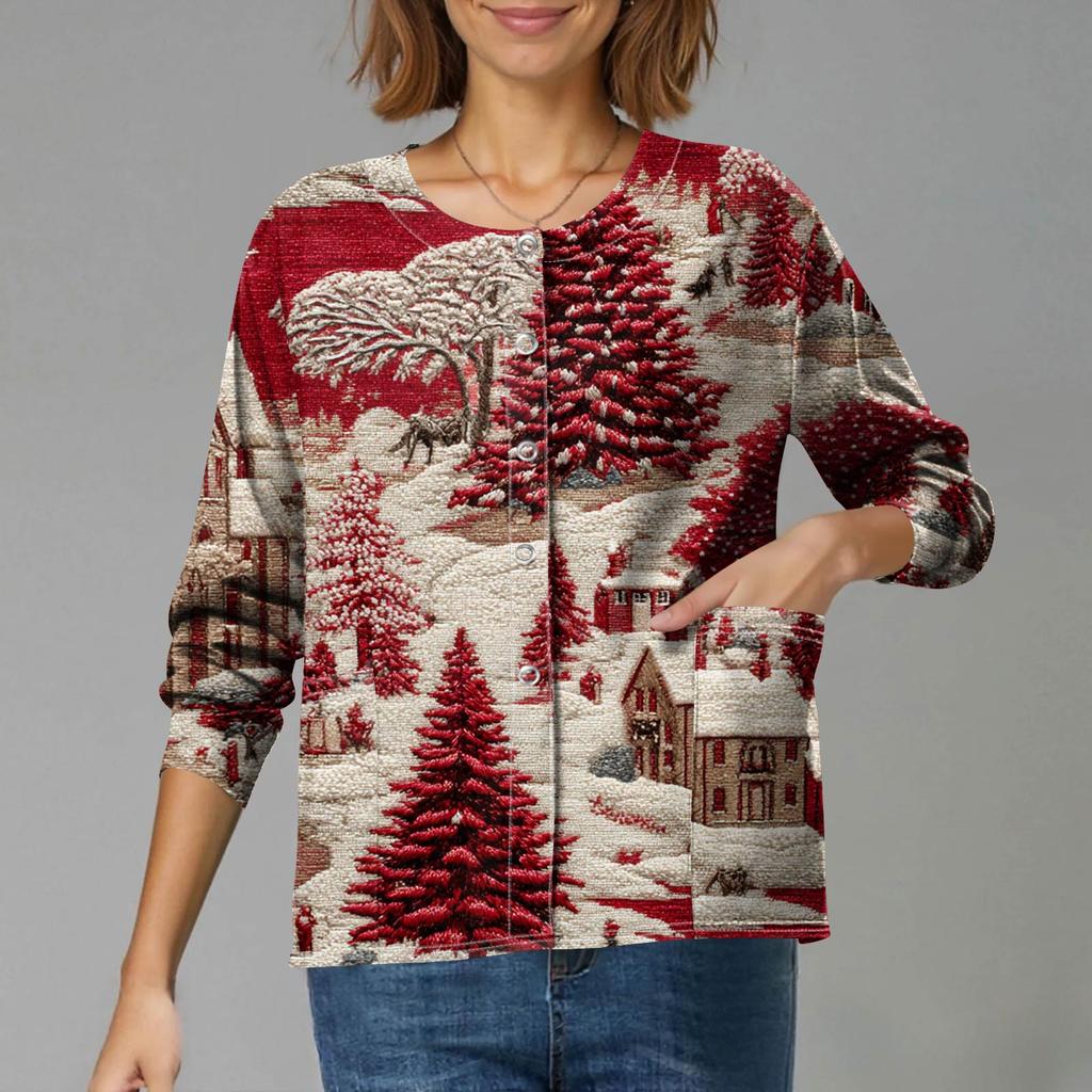 Women's Casual Long-Sleeved Single-Breasted Christmas-Themed Print  Cardigan