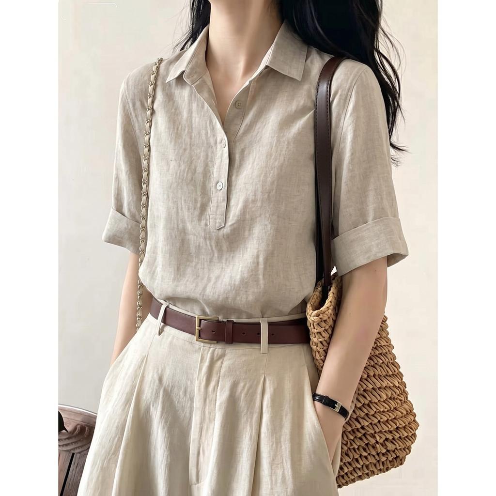 Old money style gray linen V-neck short-sleeved shirt women's summer thin high-end lapel cotton and linen shirt blouse top