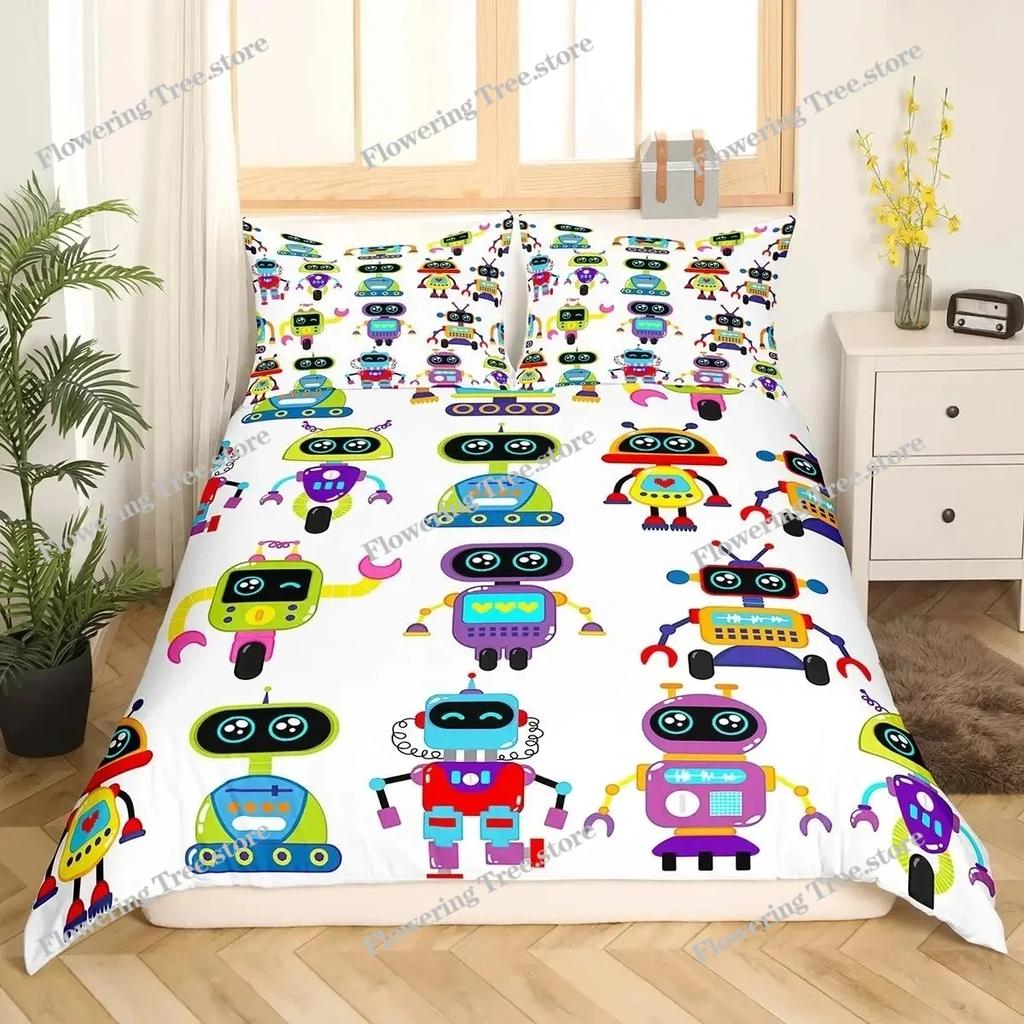 Boys Cartoon Robot Rocket Duvet Cover King Queen Size,Kids Spaceship Bedding Set Starry Galaxy Universe Planet Quilt Cover