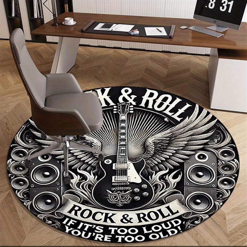 "Rock Music Winged Guitar Round Rug, Black White Non-Slip Mat for Music Room Office Decor, Vintage Statement Carpet"