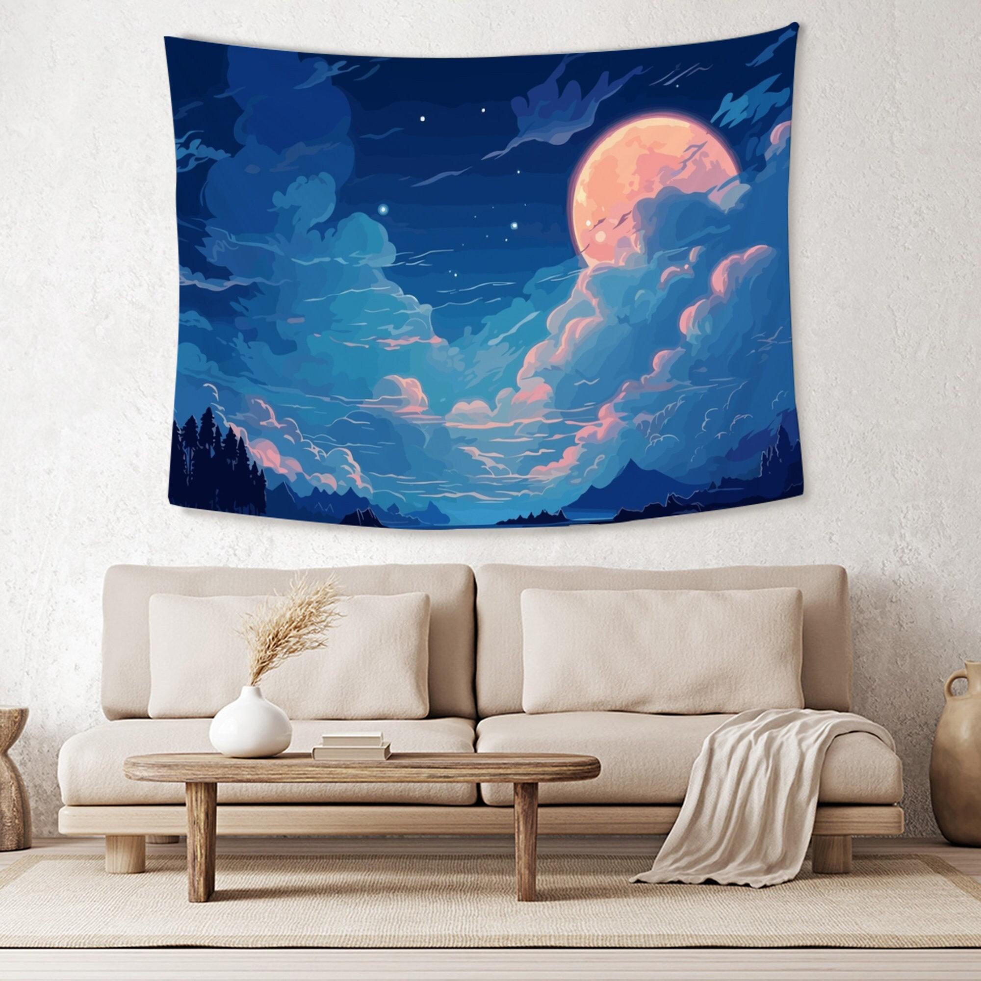 Night Landscape Tapestry Moon and Clouds Wall Tapestry Night Sky Scenery Wall Hanging Art Nature Home Wall Decor for Bedroom Roo 100X70CM