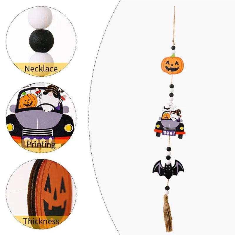 Halloween Wall Hangings Wooden Tassel Beads Pendants with Gnome Pumpkin Designs Ideal Ornaments for Tiered Tray Home Decorations