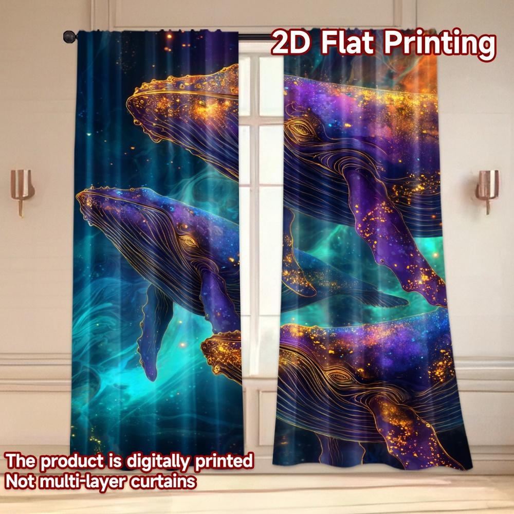 Set Of 2 Modern Flat Printing Curtains Without Rod Galactic Whales Ocean Fashionable Curtainments During Easter Holiday Curtain Polyester