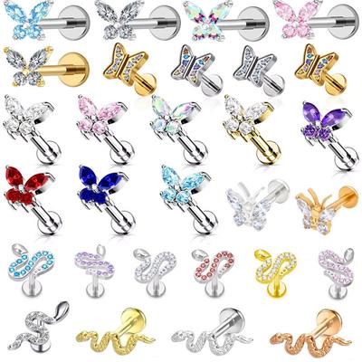 Titanové náušnice G23 s motýlkem, piercing do rtu a chrupavky ucha s vnitřním závitem - Jednoduchý, luxusní design pro dámské piercingy