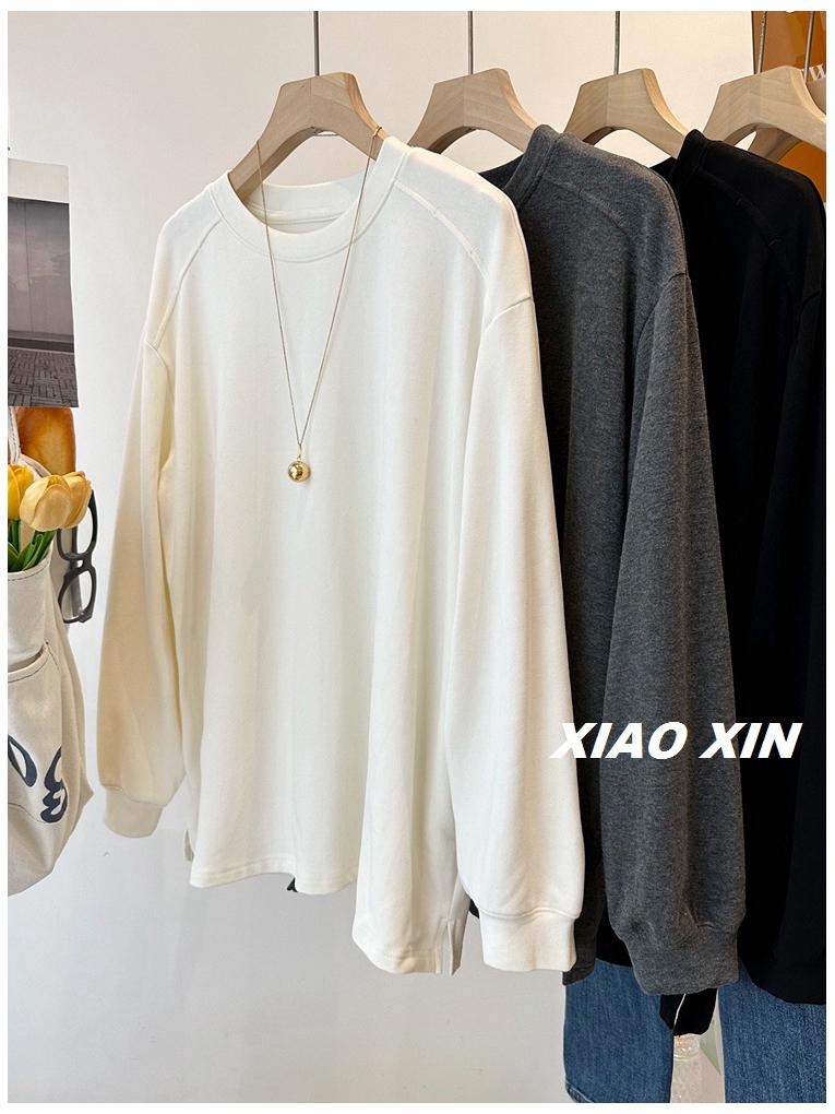 

Plus Size Brushed Patchwork Long Sleeve T-shirt for Women - Autumn/Winter German Velvet Loose Base Layer Top XL абрикосовий
