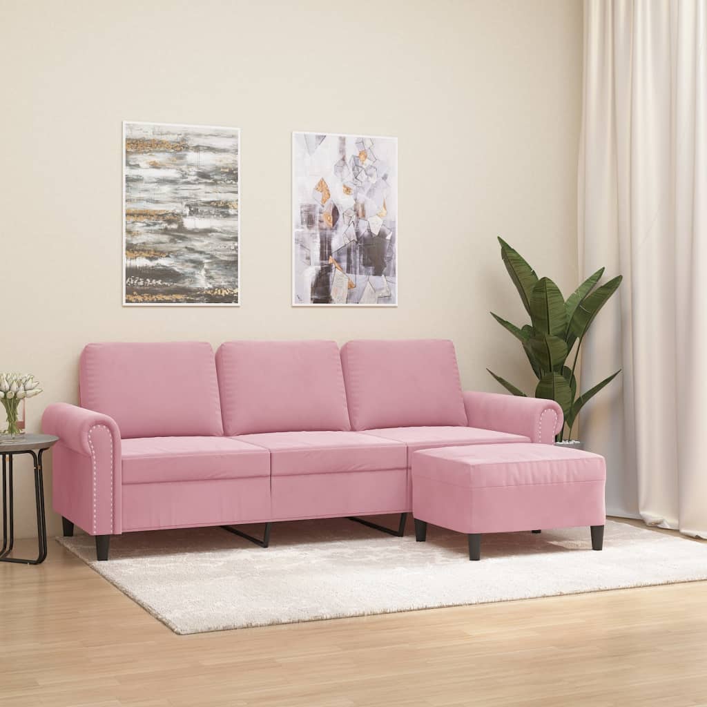 3 Seater Sofa with Ottoman in Pink 180 cm Velvet