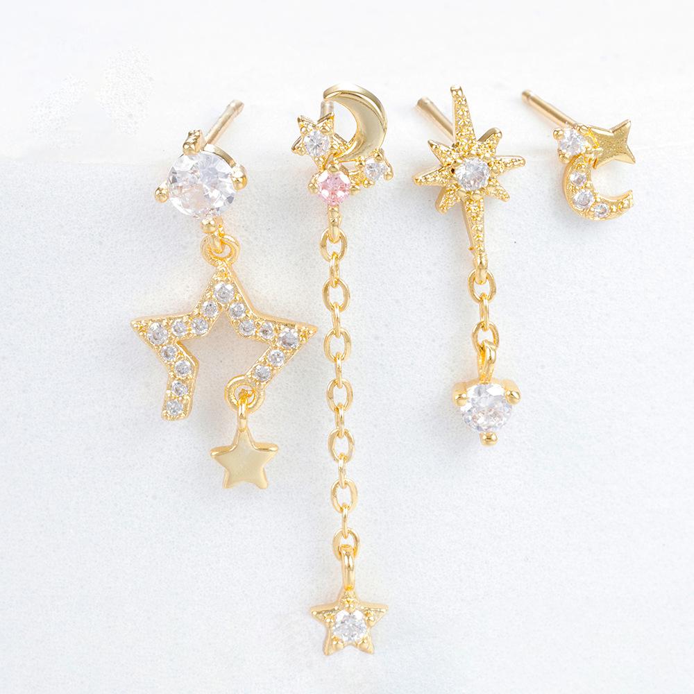 Cross-Border Earings Set Chain Star Moon Ear Rings Fashion Eight-Pointed Stars Earrings Women's Four-Piece