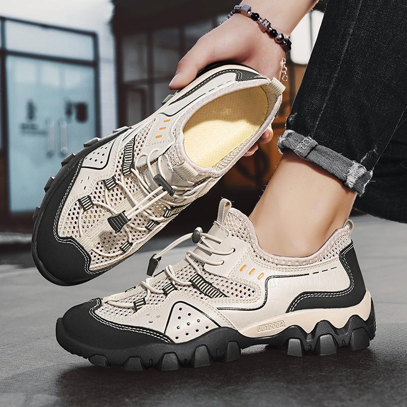 Fashion Genuine Leather Outdoor Hiking Shoes Leisure Lightweight Mens Mesh Breathable Hollow Sports Shoes for Men Trekking Shoe 2025 New