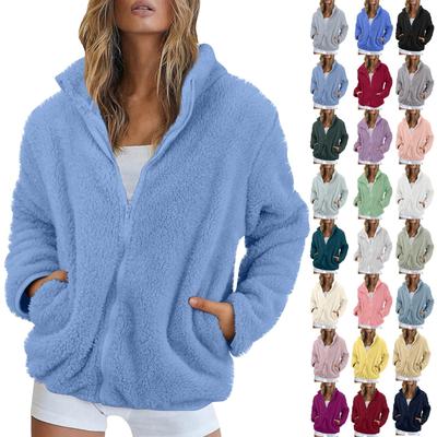 Women's Solid Color Fashionable Winter Loose High Neck Long Fleece Plush Warm Zipper Jacket