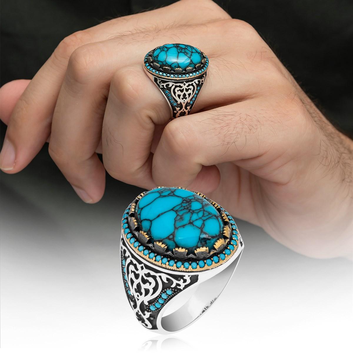 

Мужское кольцо из стерлингового серебра 925 пробы Blue Furize Stone Oval