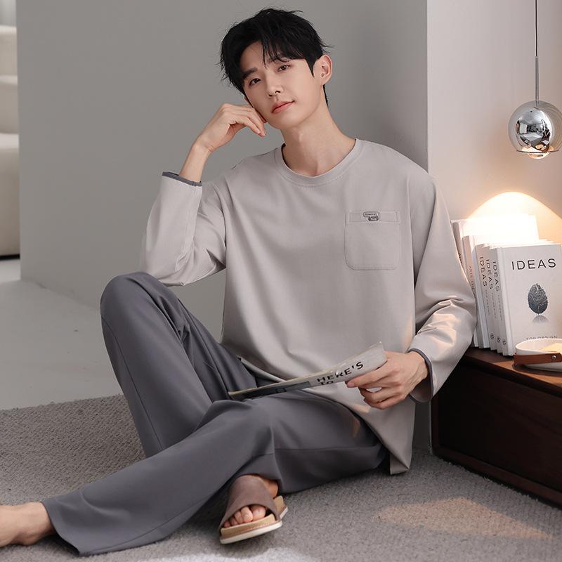 Pure cotton pajamas men's spring and autumn 1011 new men's simple four seasons can wear autumn and winter cotton loungewear suit