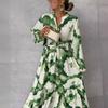 Dames Jurk met Lange Mouwen, Bedrukt, Maxi Lengte, Verstelbare Taille, A-lijn, Elegante, Wapperende Jurk