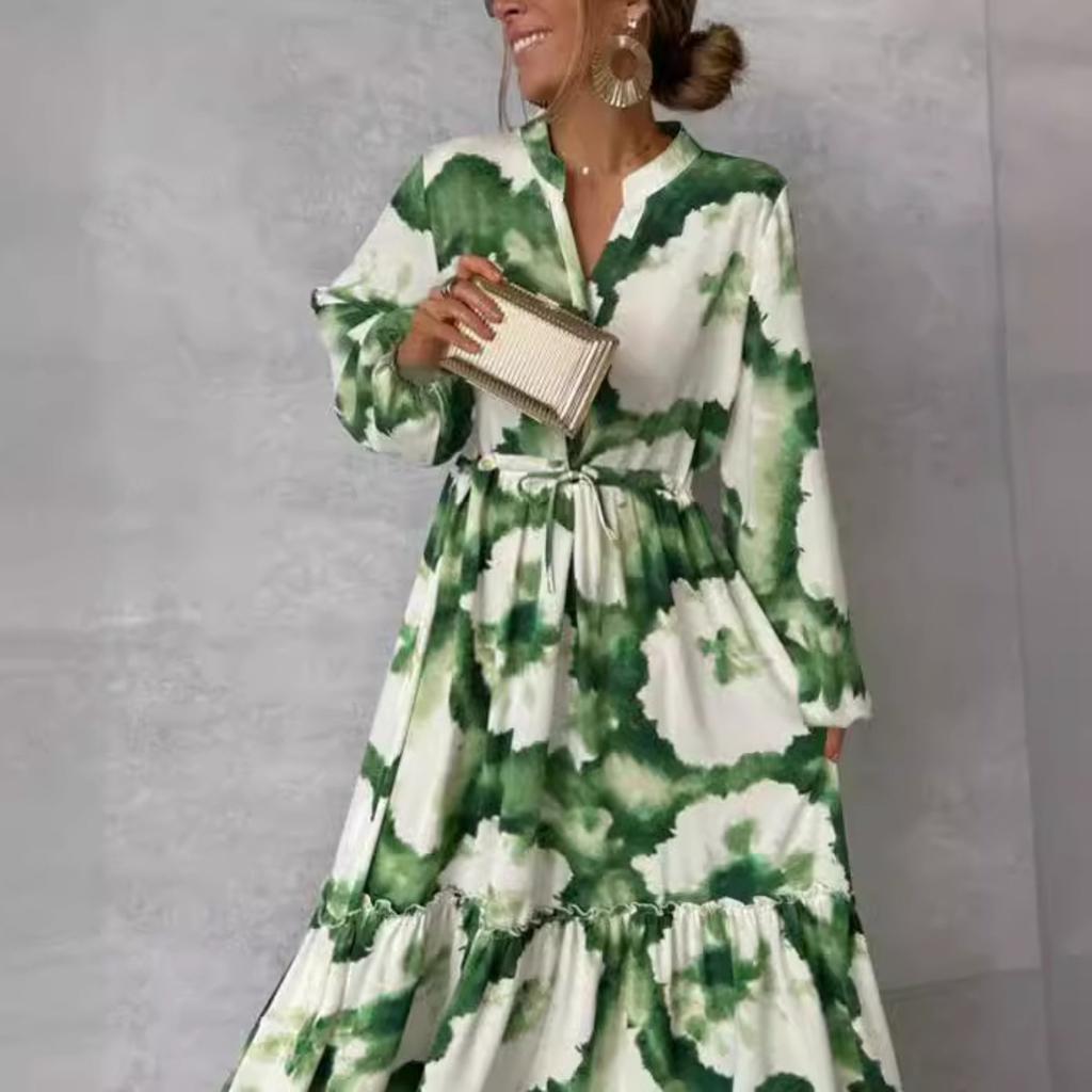 Dames Jurk met Lange Mouwen, Bedrukt, Maxi Lengte, Verstelbare Taille, A-lijn, Elegante, Wapperende Jurk
