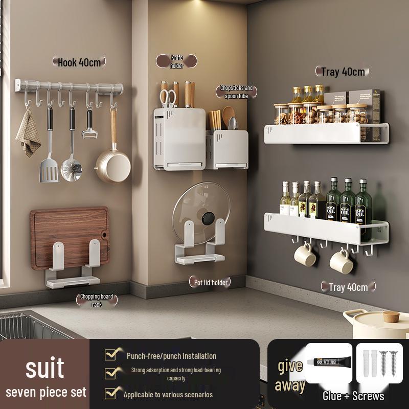 No-Drill Wall-Mounted Kitchen Storage Rack: Multifunctional Holder for Knives, Chopsticks, Pot Lids, and Seasoning Condiments