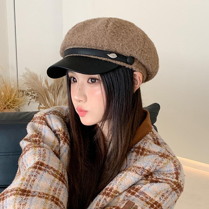 Leather brim duck tongue beret autumn and winter hat women's velvet warm octagonal hat fashionable versatile painter hat