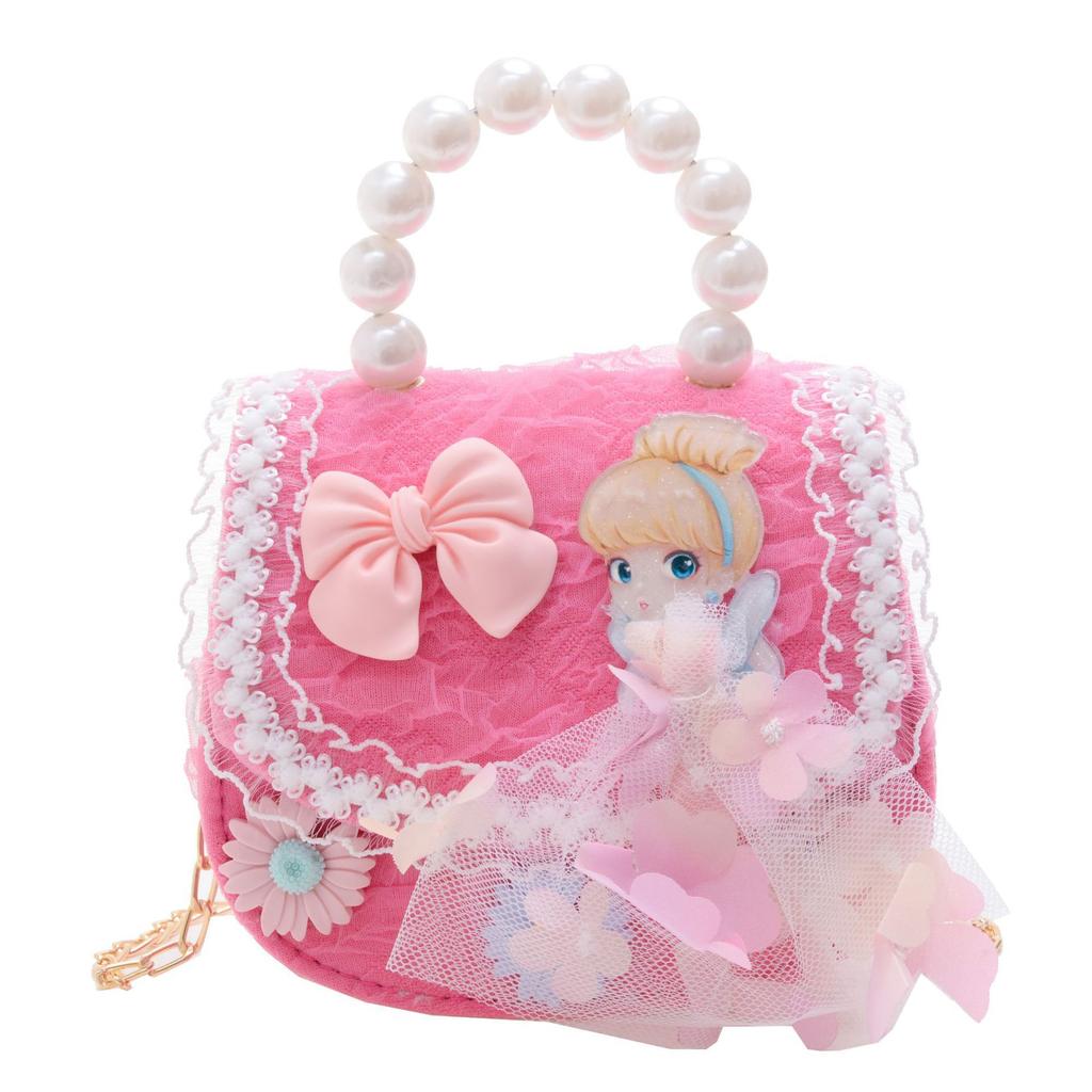 2025 new girls pearl handbag cartoon cute bow princess shoulder bag lace small satchel