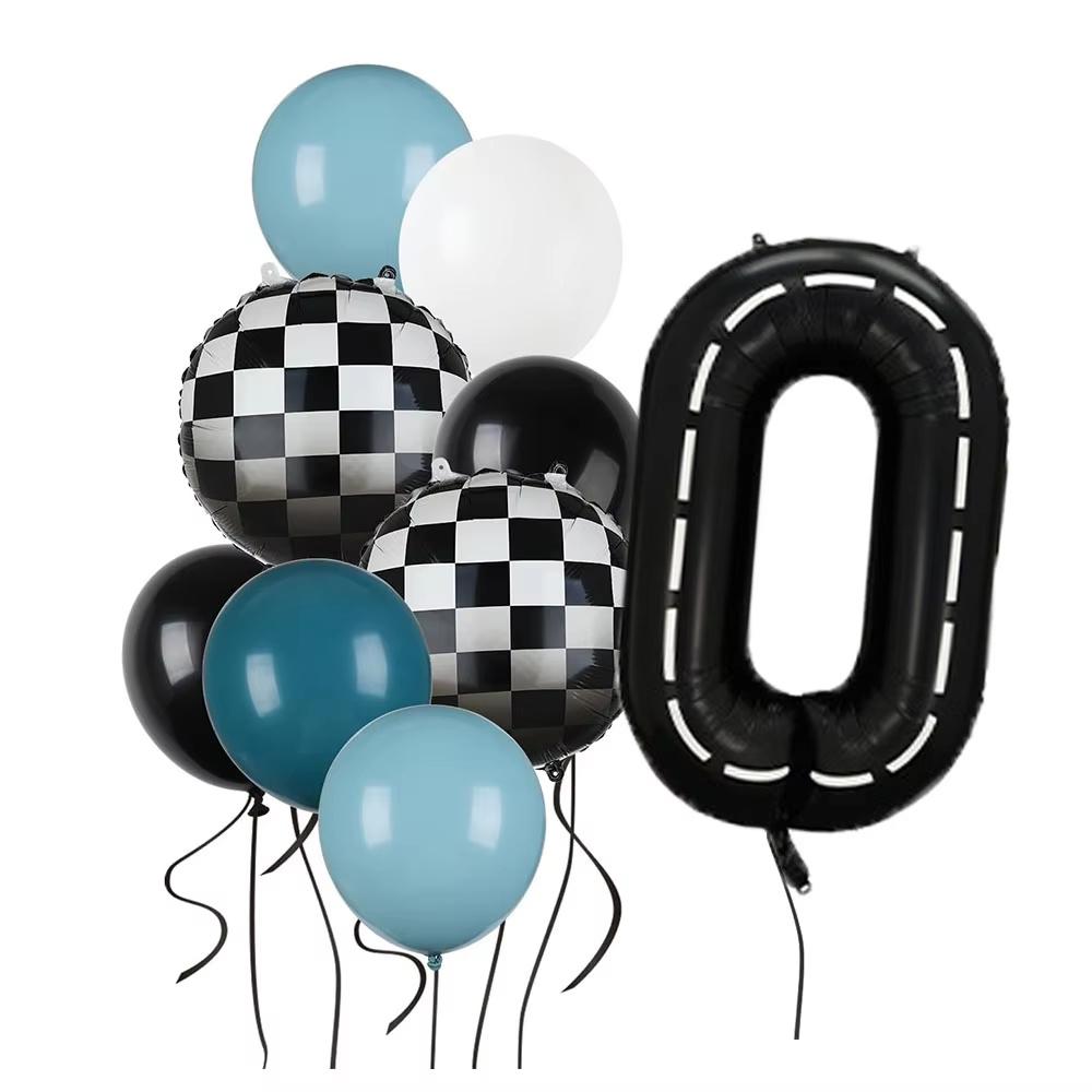 9pcs Race Car Balloons Set Checkered Balloon Blue Black Latex Balloon Boy One Happy 1st 2nd Vintage Two Fast Theme Party Decor