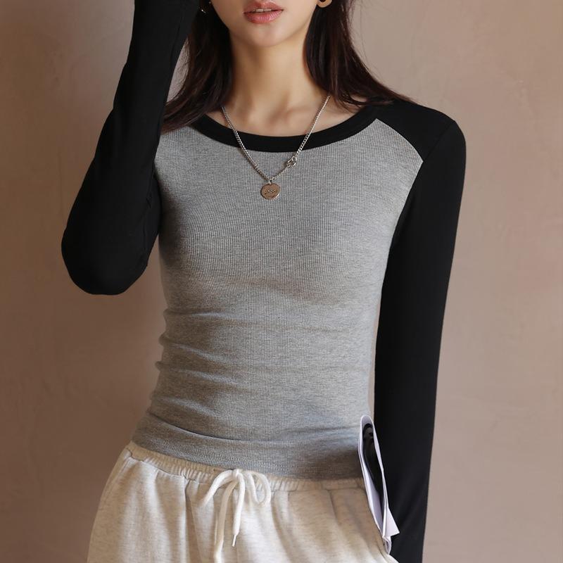 Women's Autumn and Winter Splicing and Color Collision Thread Round Neck Long Sleeve Top