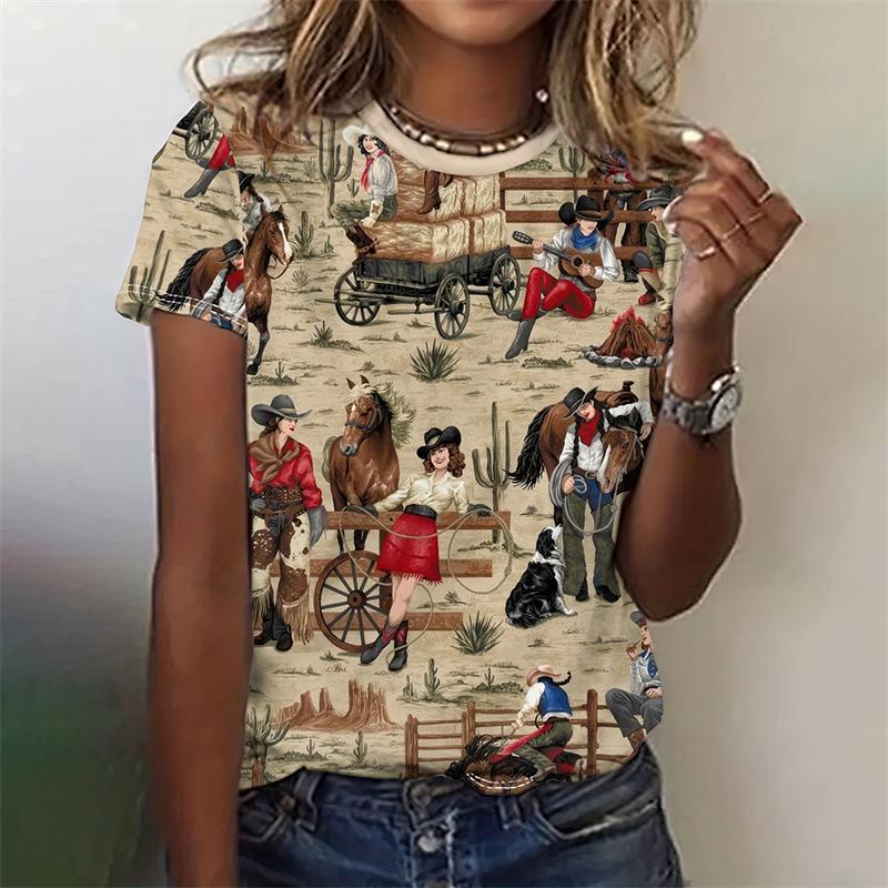 Vintage West Cowboy Horse Print T Shirts Feamle Casual Fashion Y2k Top Clothes Girls Street Loose Tees Summer Clothes Women 2025