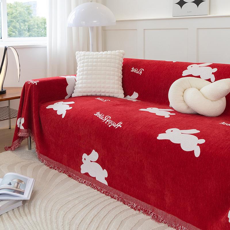 Red Festive Simple Chenille Sofa Cover Towel Cartoon Cute Rabbit Non-Slip Universal Full Cover Sofa Cover