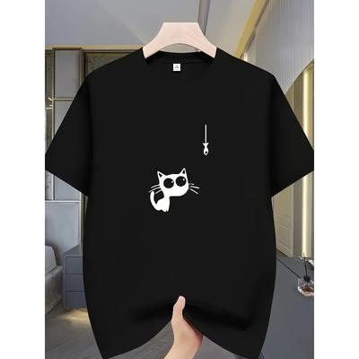Tallas europeas para hombre de secado rápido transpirable de verano con estampado de gato y pez de manga corta, top casual para uso diario para salidas a la playa