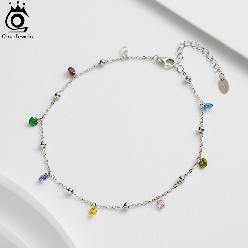 ORSA JEWELS New Summer Beach Anklet Fashion 925 Silver Cable Chain Multicolor 4A Zircon Anklet for Women jewelry SA93