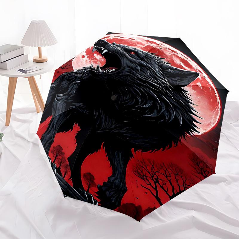 1 Stück Wolf Heulender MondÖffnen/Schließen Regenschirm-Winddicht, Kompakter Reise Regenschirm, Stabiler 8-Speichen Schaft, Outdoor Zubehör1158