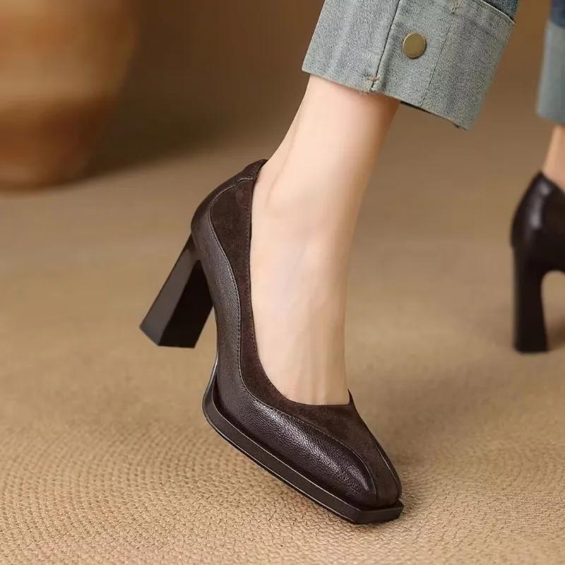 Fashion French Retro Style Square Toe Shallow Mouth Block Heel Women's High Heels Fashion Spring and Autumn Women's Single Shoes