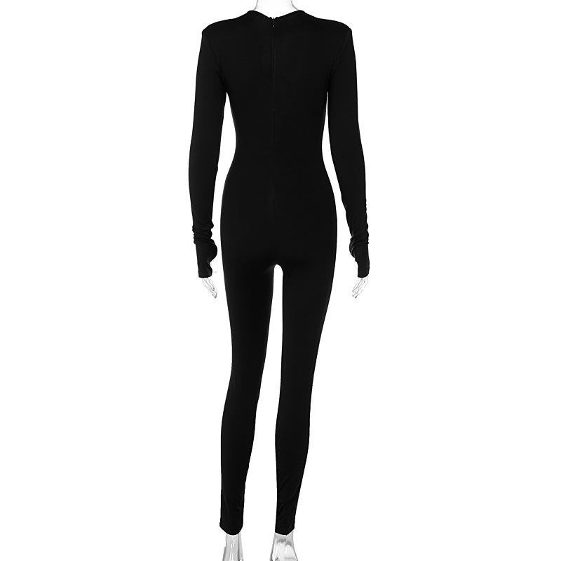 Long Sleeved Solid Color Jumpsuit with Hollowed Out Cross Tie Design In European and American Spring and Autumn Seasons