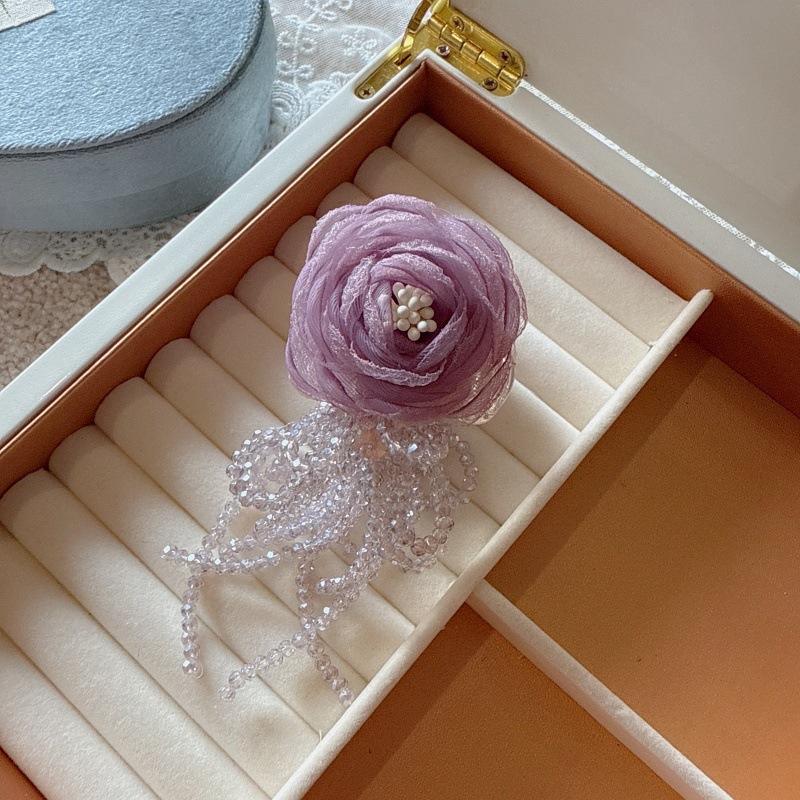 Netting and Crystal Fringe, Rose Flower Side Hairpin, Soft and Fairy-like Style, Women's Hair Accessories, Claw Clip, Hairpin