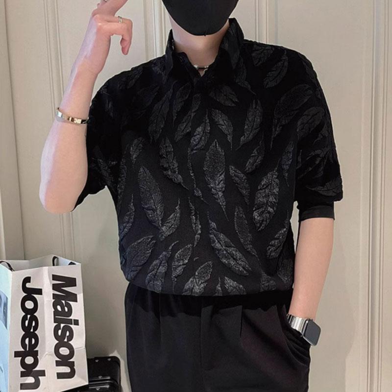 Stylish Jacquard Weave Basic Shirts Men's Clothing Solid Color Summer Business Casual 3/4 Sleeve Loose Turn-down Collar Shirts