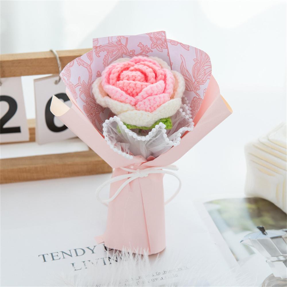 Single Woolen Knitted Flower Bouquets Rose Puff Sunflower Crochet Fake Flowers Small Home Decor Valentine's Day Gifts