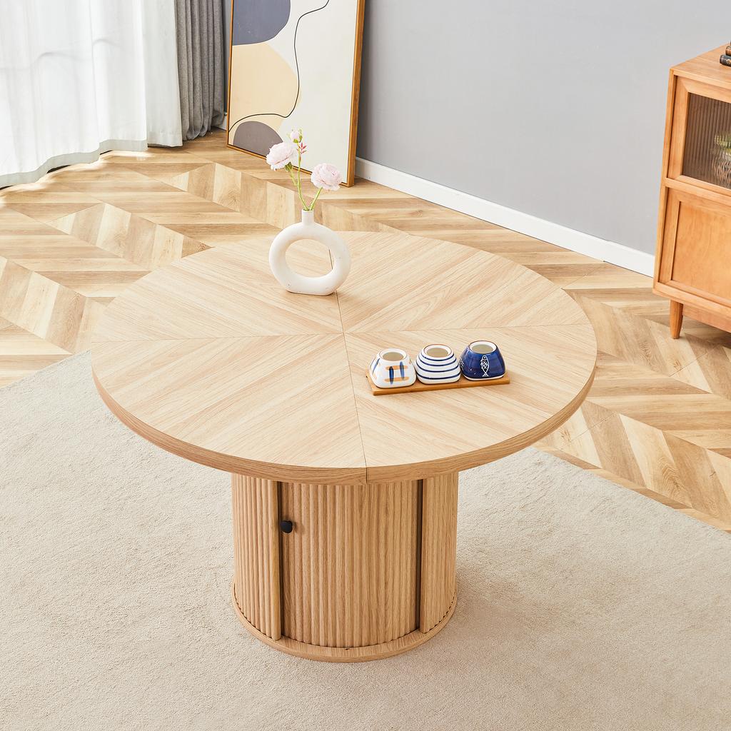 Tavolo da Pranzo Rotondo con Contenitore, Effetto Legno, 115 cm, Base a Pedistallo con Armadietto, Tavolo da Pranzo per 4–6 Persone, Moderno Scandinavo